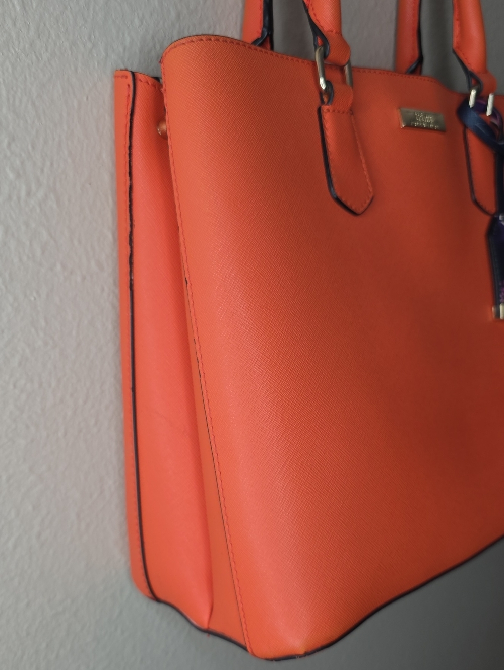 Trina Turk Orange Saffiano Satchel Bag Medium Floral Interior Vibrant Bold Autum - Picture 7 of 15